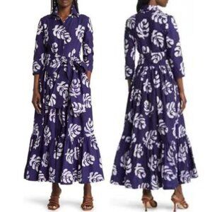 New! Sika Purple Leaf Print Cotton Maxi Shirt Dress 17509